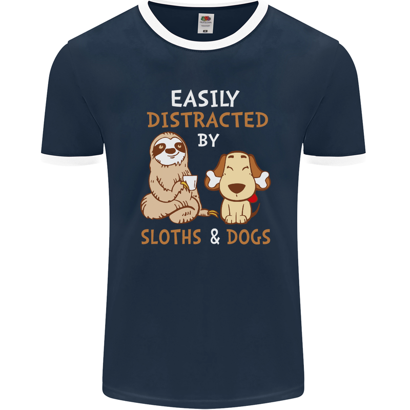 Easily Distracted Dogs & Sloths Funny ADHD Mens Ringer T-Shirt FotL Navy Blue/White