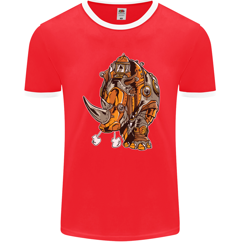 Steampunk Rhino Rhinoceros Mens Ringer T-Shirt FotL Red/White