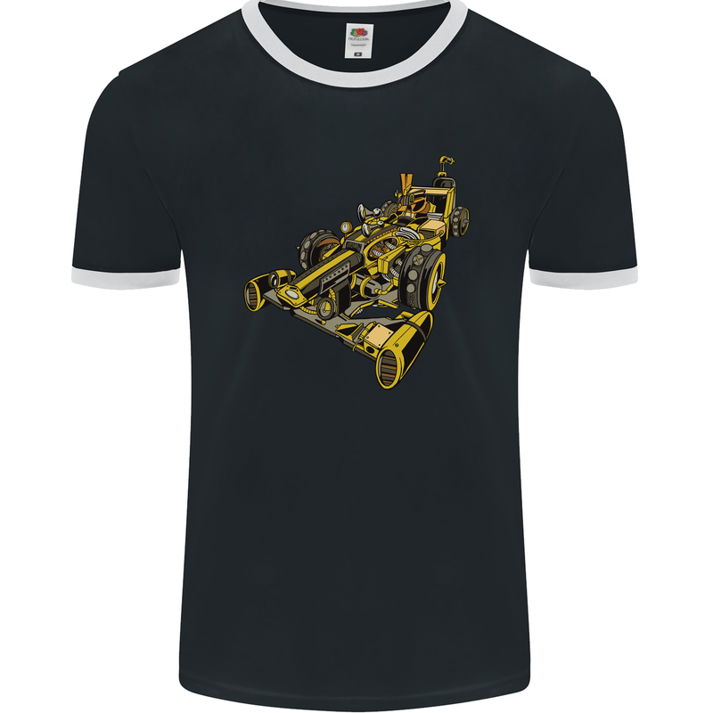 Steampunk Racing Car Mens Ringer T-Shirt FotL Black/White