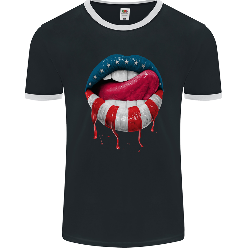 Sexy USA Flag Lips America July 4th Mens Ringer T-Shirt FotL Black/White