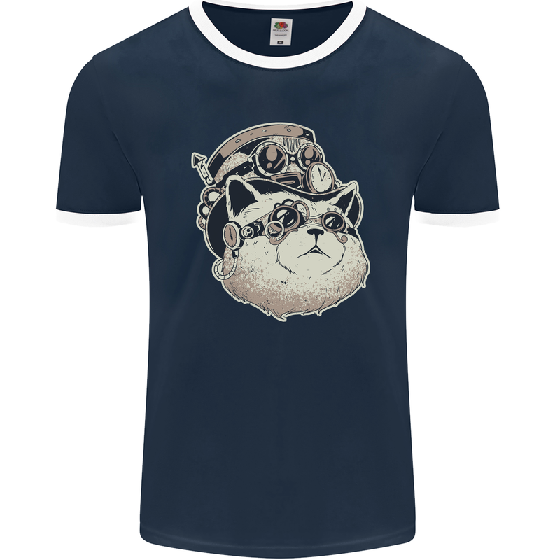 Steampunk Cat Mens Ringer T-Shirt FotL Navy Blue/White