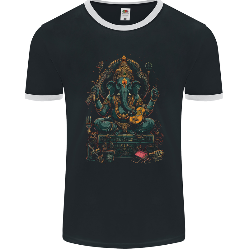 Ganesha Hindu God Ganapati Elephant Mens Ringer T-Shirt FotL Black/White