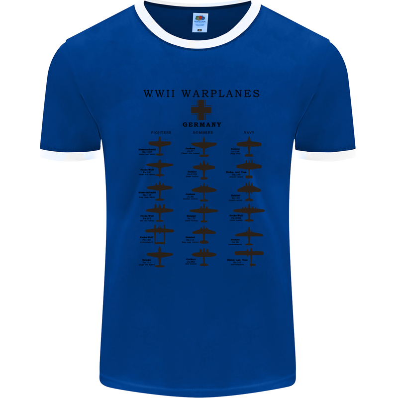 German War Planes WWII Fighters Aircraft Mens White Ringer T-Shirt Royal Blue/White