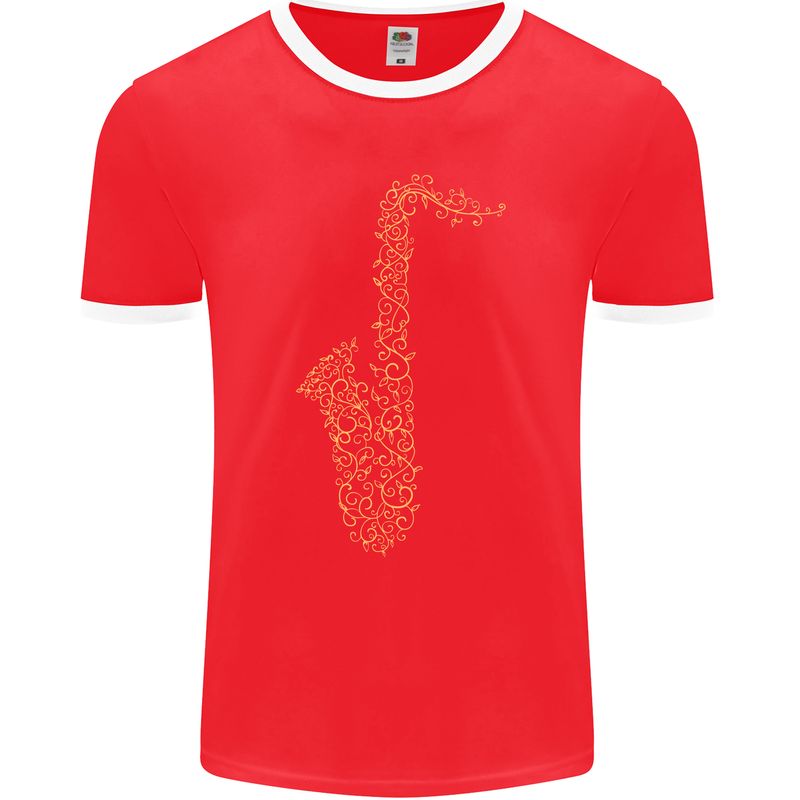 A Saxaphone Musical Instruments Brass Band Mens Ringer T-Shirt FotL Red/White