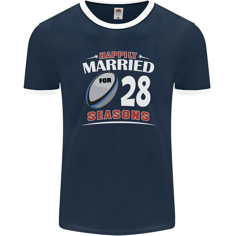 28 Year Wedding Anniversary 28th Rugby Mens Ringer T-Shirt FotL Navy Blue/White