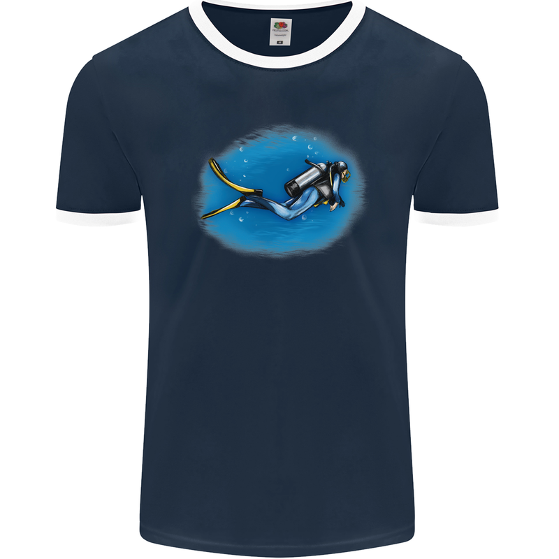 Ocean Scuba Diver Scuba Diving Mens Ringer T-Shirt FotL Navy Blue/White