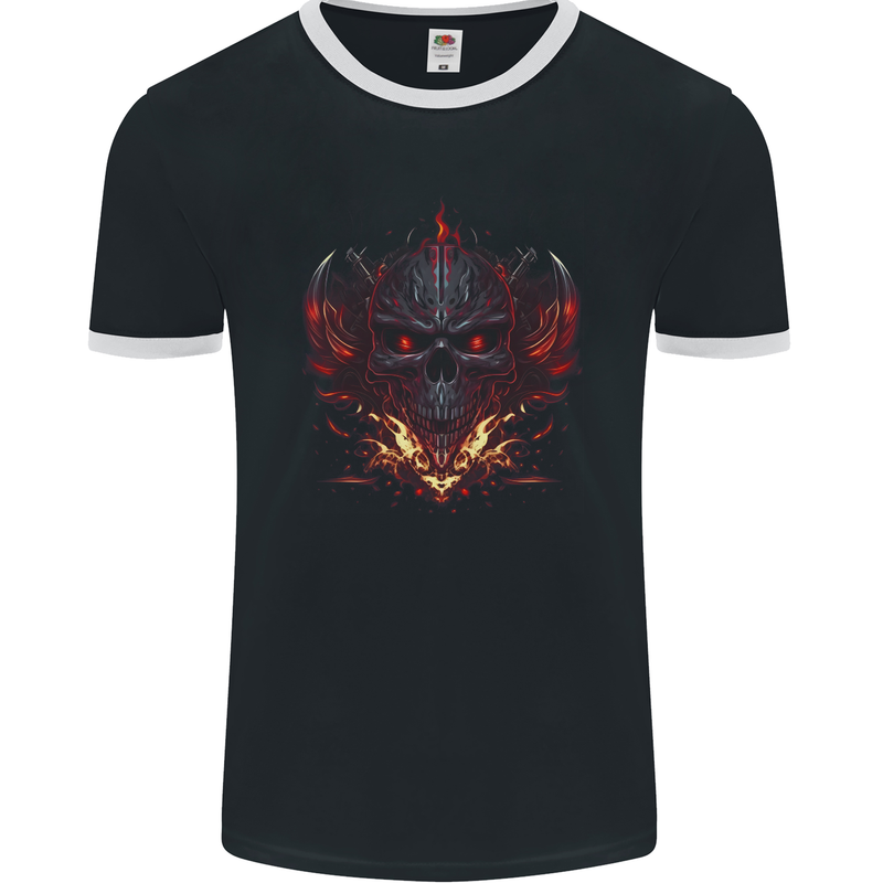 An Evil Flame Skull Biker Fantasy Heavy Metal Mens Ringer T-Shirt FotL Black/White