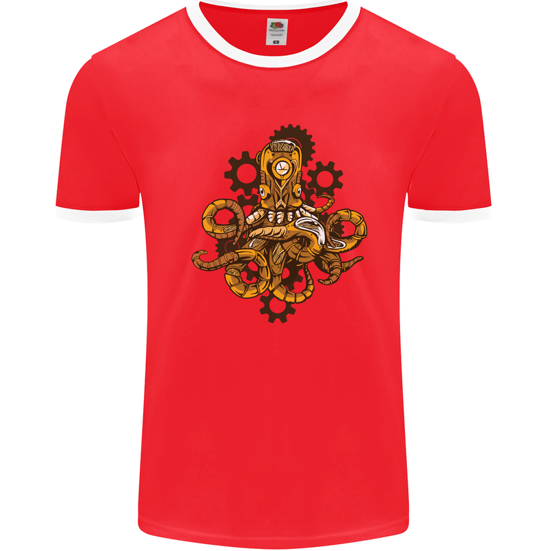 Steampunk Octopus Scuba Diving Cthulhu Mens Ringer T-Shirt Red/White