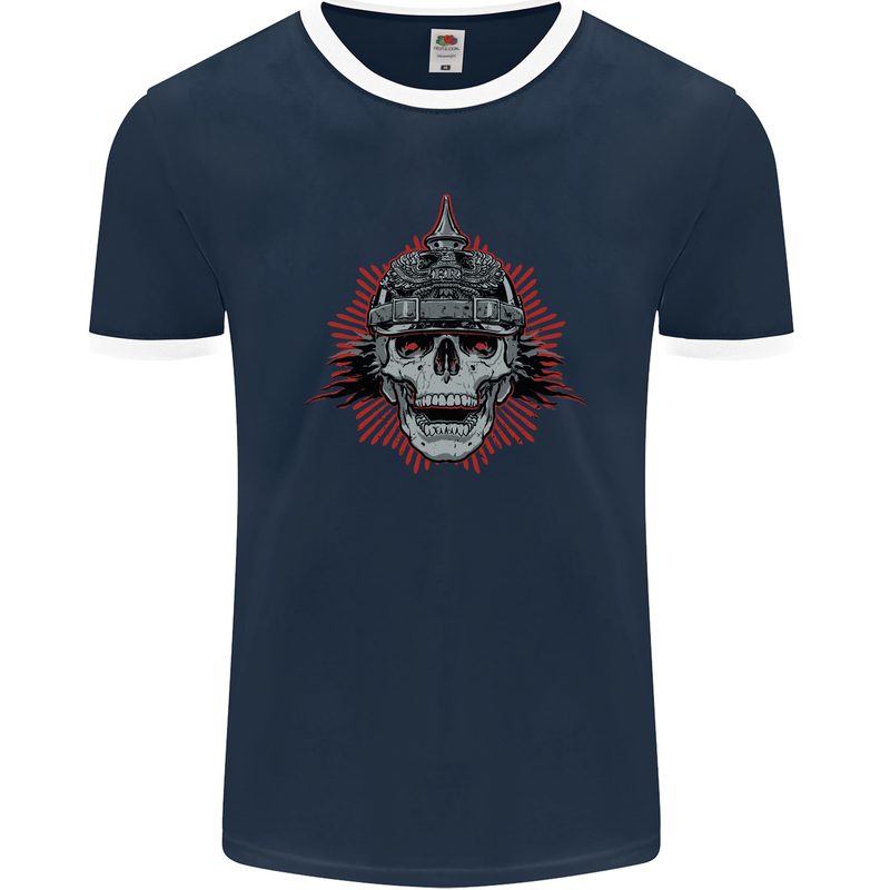 Pickelhaube Skull Prussian Helmet Biker Mens Ringer T-Shirt FotL Navy Blue/White