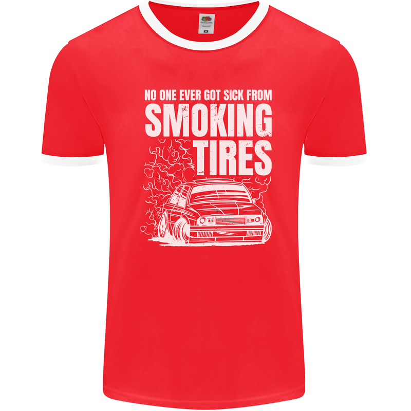 Burning Tires Car Drifting Mens Ringer T-Shirt FotL Red/White