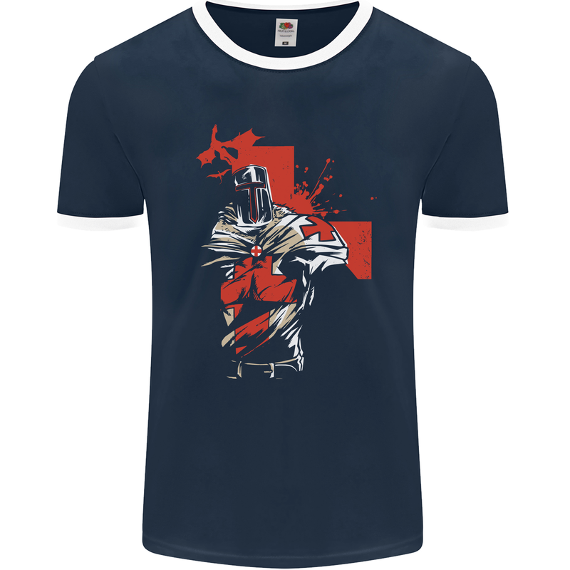 St Georges Day Knights Templar Crusader Mens Ringer T-Shirt FotL Navy Blue/White