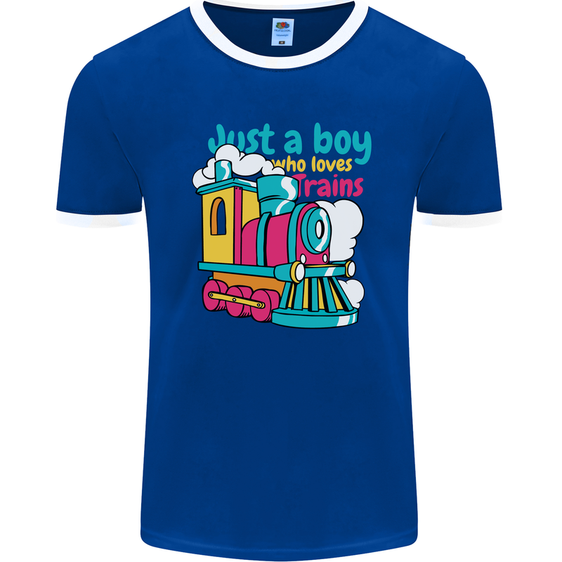 Just a Boy Who Loves Trains Spotter Engine Mens Ringer T-Shirt FotL Royal Blue/White