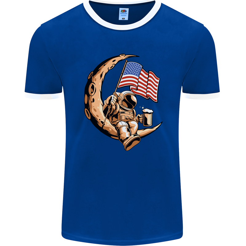 Beer Moon USA Flag Astronaut Space Alcohol Mens Ringer T-Shirt FotL Royal Blue/White