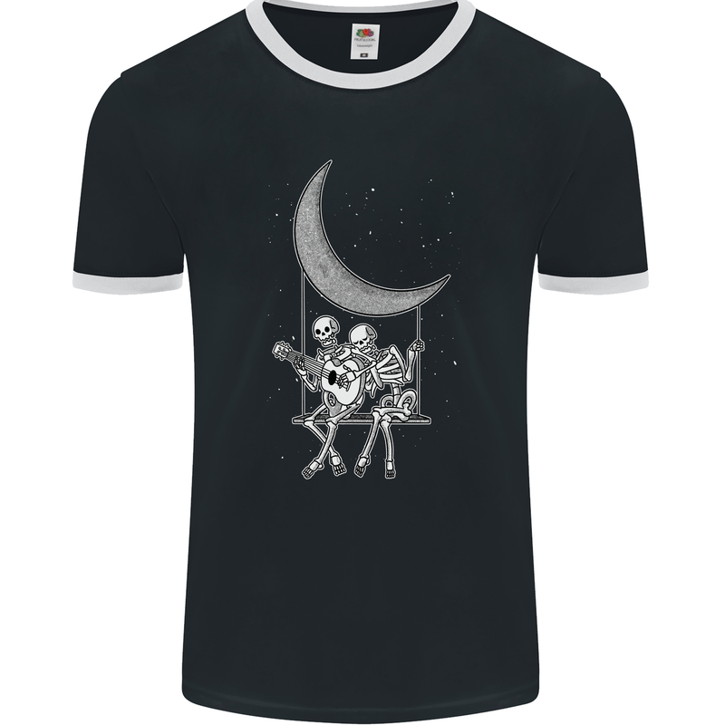 Skeletons On the Moon Playing Guitar Mens Ringer T-Shirt FotL Black/White