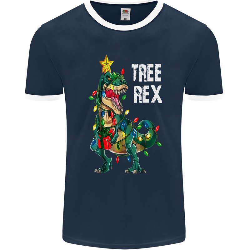 Tree Rex T-Rex Funny Christmas Dinosaur Mens Ringer T-Shirt FotL Navy Blue/White