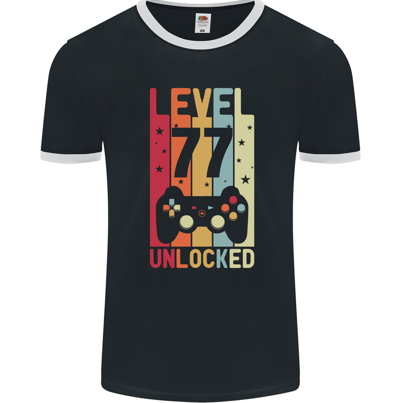 77th Birthday 77 Year Old Level Up Gamming Mens Ringer T-Shirt FotL Black/White