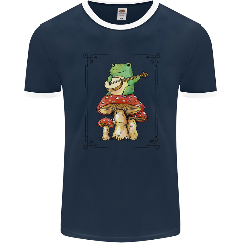 A Frog Playing the Guitar on a Toadstool Mens Ringer T-Shirt FotL Navy Blue/White