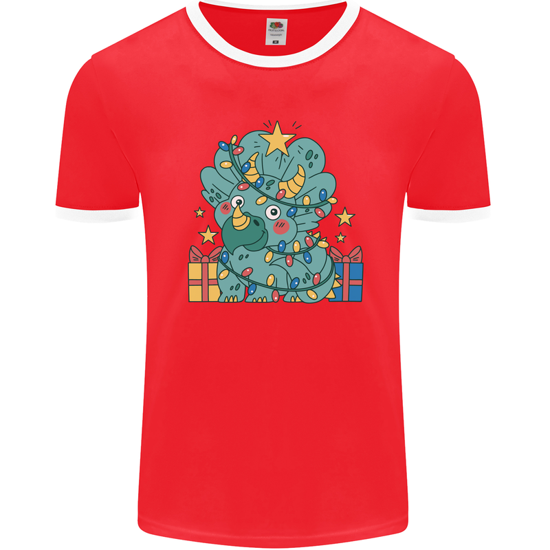 Dinosaur Triceratops Funny Christmas Tree Mens Ringer T-Shirt FotL Red/White