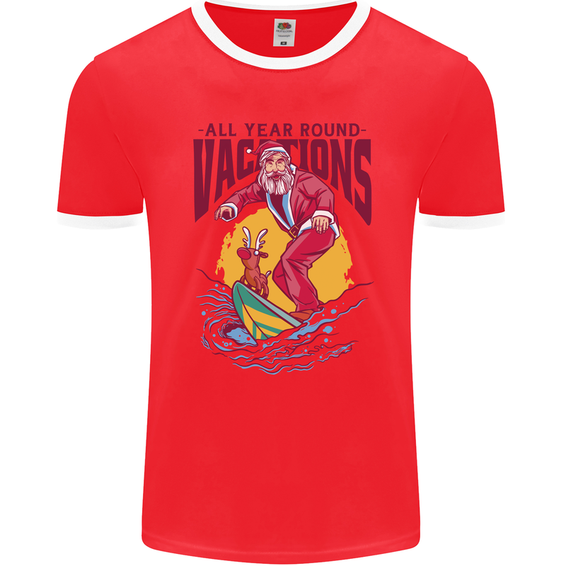 Santa Vacations Funny Christmas Surfer Surfing Mens Ringer T-Shirt FotL Red/White