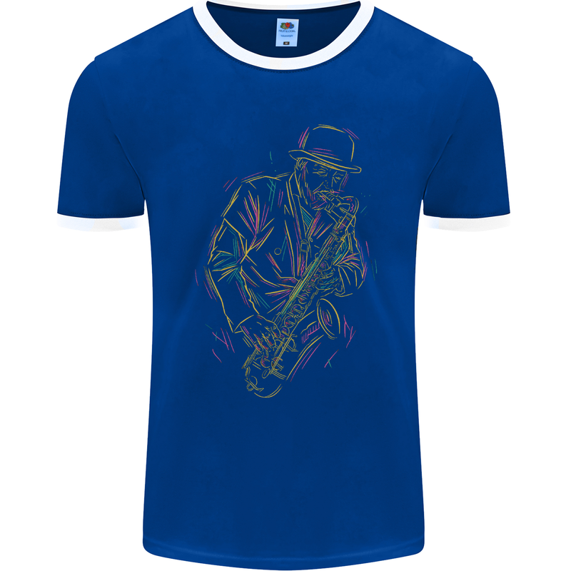 Jazz Colourful Saxophone Player Mens Ringer T-Shirt FotL Royal Blue/White