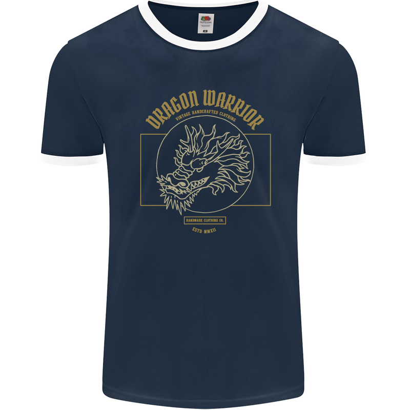 Dragon Warrior Samurai Japan Japanese Mens Ringer T-Shirt FotL Navy Blue/White