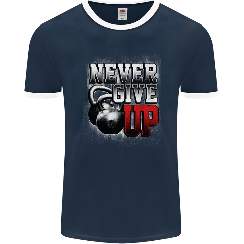 Never Give Up Gym Training Top Bodybuilding Mens Ringer T-Shirt FotL Navy Blue/White