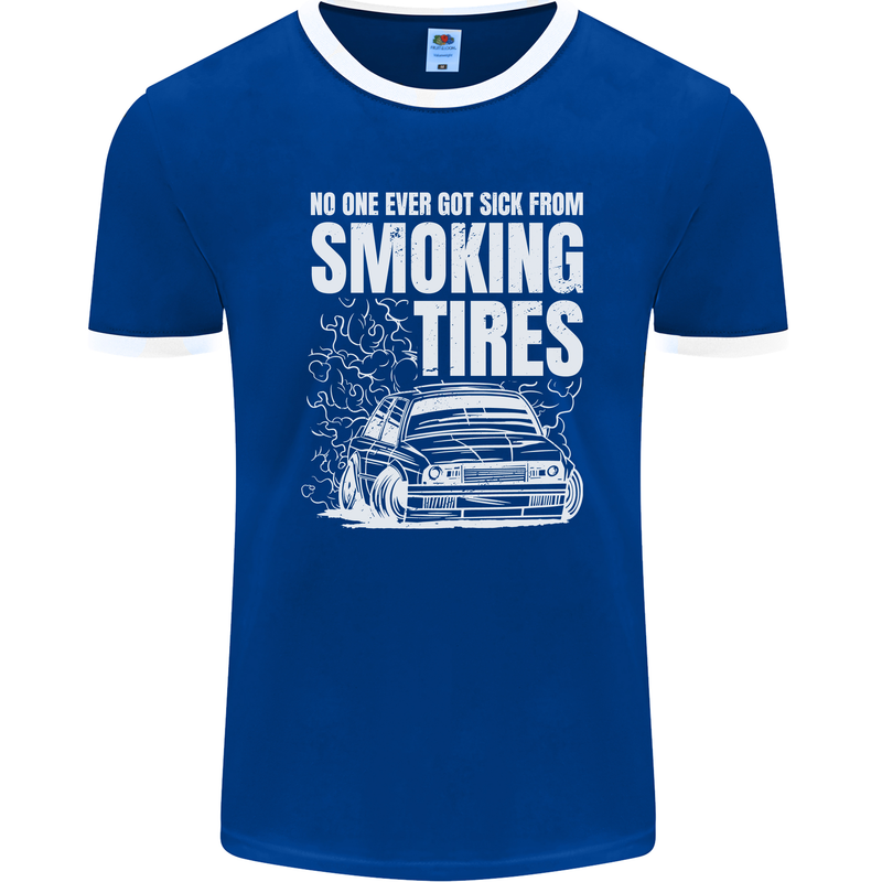 Burning Tires Car Drifting Mens Ringer T-Shirt FotL Royal Blue/White