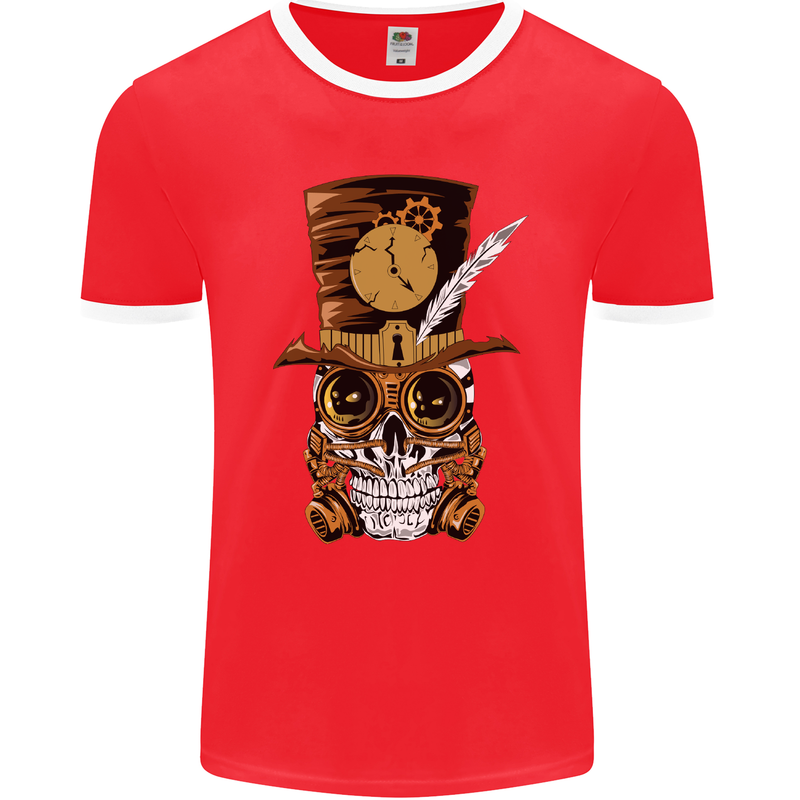 Steampunk Skull Mens Ringer T-Shirt FotL Red/White