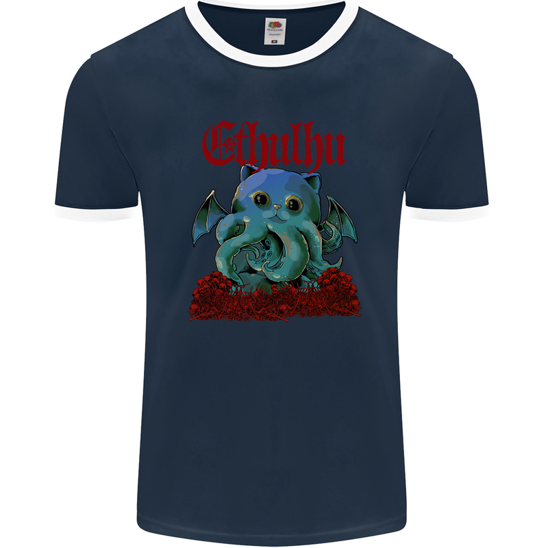 Cathulhu Funny Cat Cthulhu Parody Kraken Mens Ringer T-Shirt FotL Navy Blue/White