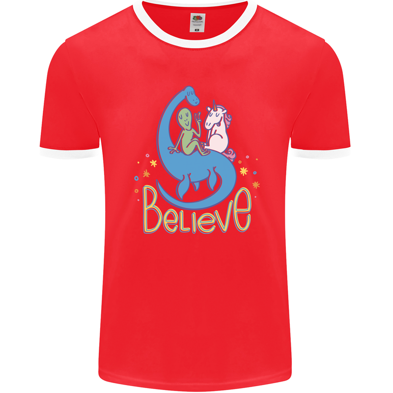 Believe in Dragons Unicorns Aliens Funny Mens Ringer T-Shirt FotL Red/White