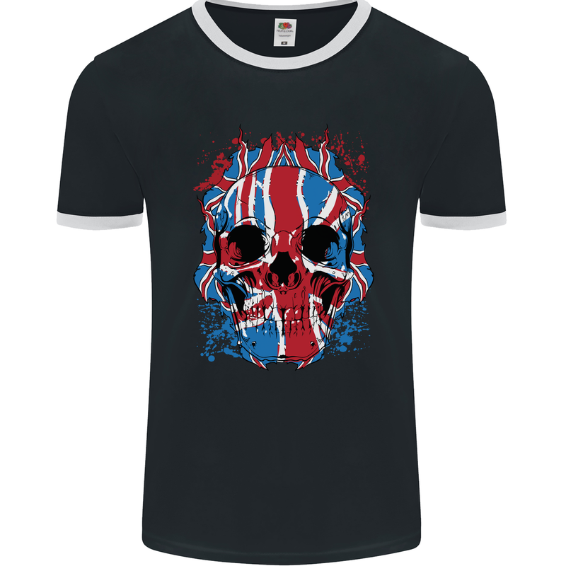 Union Jack Flag Skull Gym MMA Biker Mens Ringer T-Shirt FotL Black/White