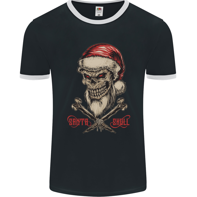 Christmas Santa Skull Heavy Metal Biker Mens Ringer T-Shirt FotL Black/White
