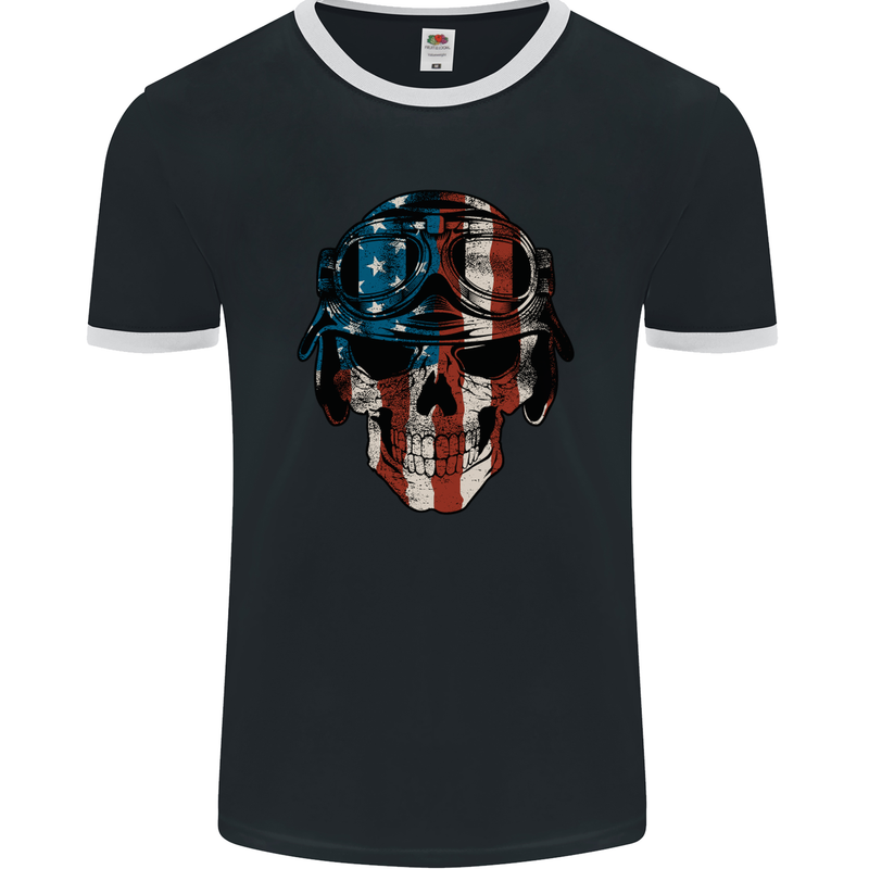 USA Flag Biker Skull Motorcycle Motorbike Mens Ringer T-Shirt FotL Black/White