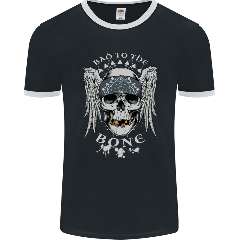 Bad 2 the Bone Biker Skull Angel Motorcycle Mens Ringer T-Shirt FotL Black/White