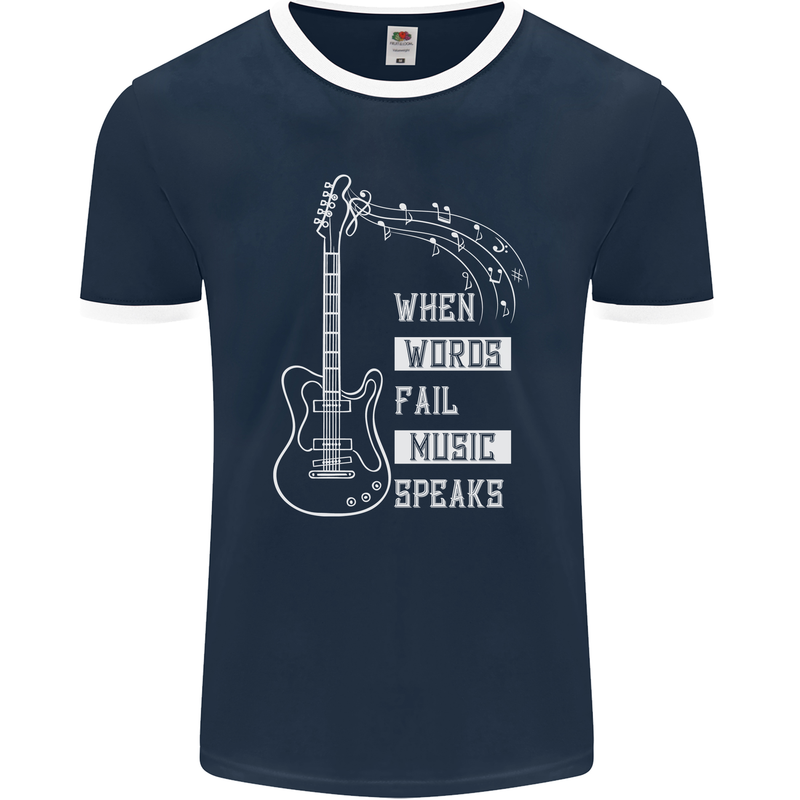 When Words Fail Music Speaks Guitar Mens Ringer T-Shirt FotL Navy Blue/White