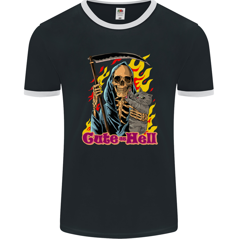 Cute Hell Cat Grim Reaper Skull Halloween Mens Ringer T-Shirt FotL Black/White