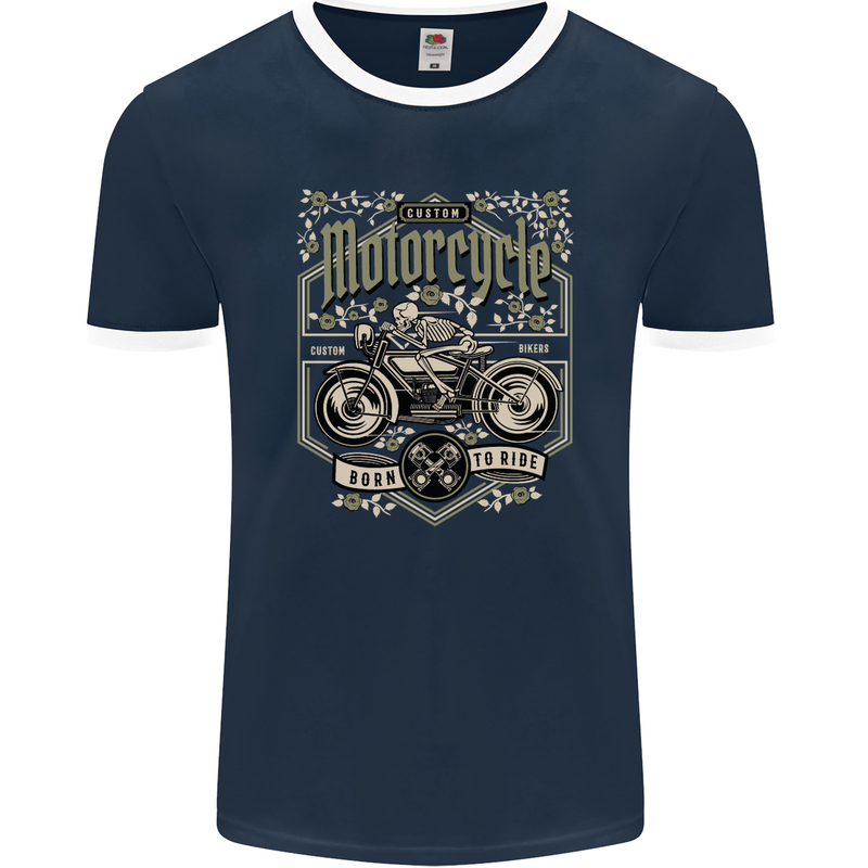 Custom Motorcycle Biker Motorbike Mens Ringer T-Shirt FotL Navy Blue/White