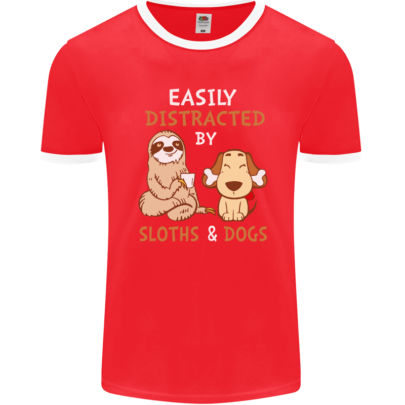 Easily Distracted Dogs & Sloths Funny ADHD Mens Ringer T-Shirt FotL Red/White