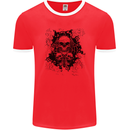 Three Skulls Demon Biker Gothic Tattoo Mens Ringer T-Shirt FotL Red/White