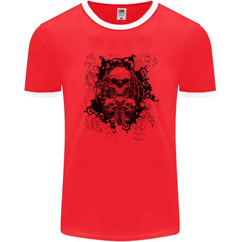 Three Skulls Demon Biker Gothic Tattoo Mens Ringer T-Shirt FotL Red/White