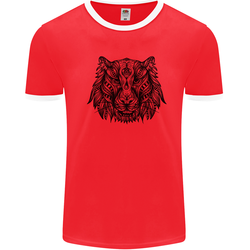 Mandala Art Tiger Mens White Ringer T-Shirt Red/White