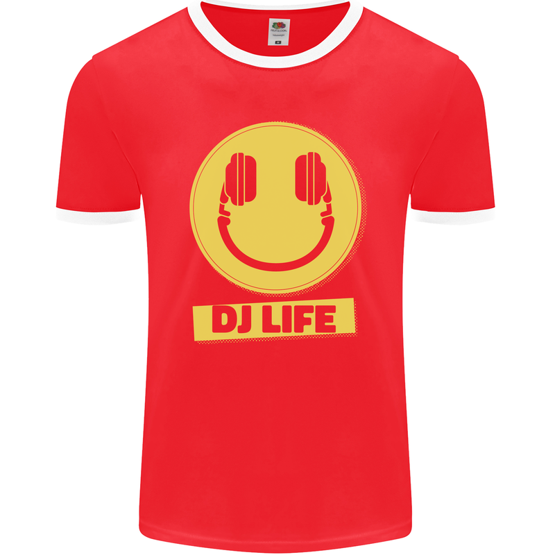 Headphones DJ Life Acid Face Vinyl Decks Mens Ringer T-Shirt FotL Red/White