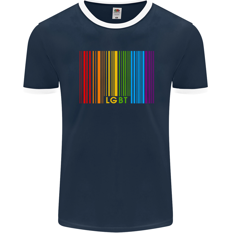 LGBT Barcode Gay Pride Day Awareness Mens Ringer T-Shirt FotL Navy Blue/White