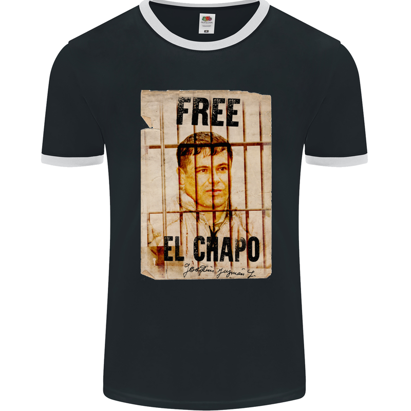 Free El Chapo Cocaine Drugs Cartel Mens Ringer T-Shirt FotL Black/White