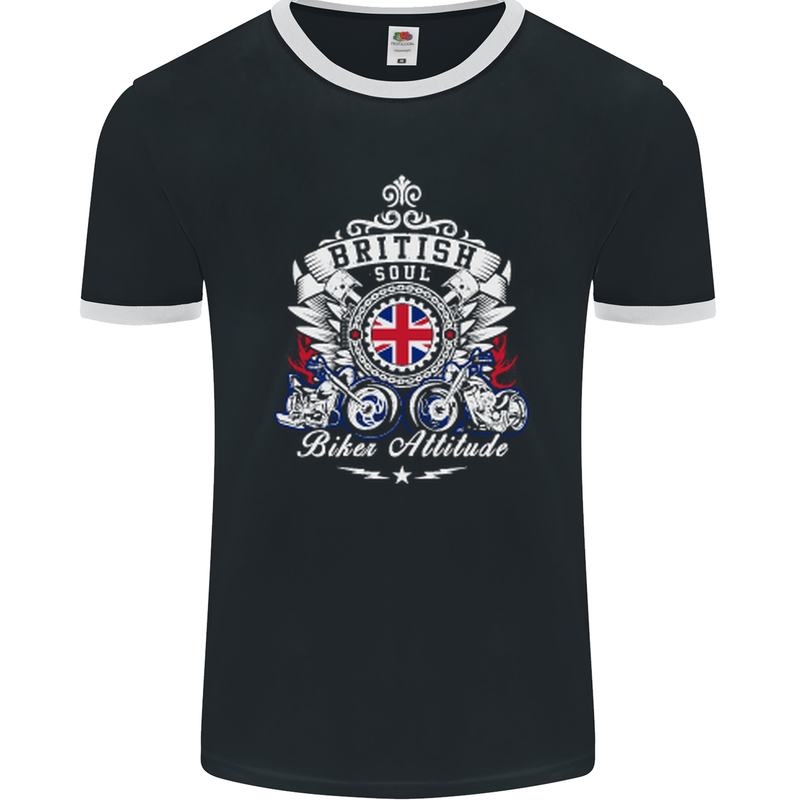 British Soul Biker Motorcycle Motorbike Mens Ringer T-Shirt FotL Black/White