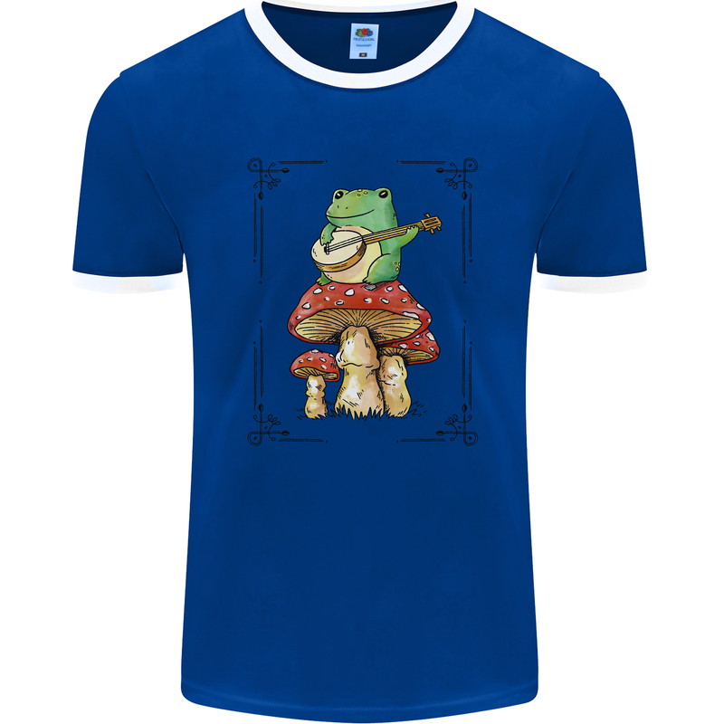 A Frog Playing the Guitar on a Toadstool Mens Ringer T-Shirt FotL Royal Blue/White