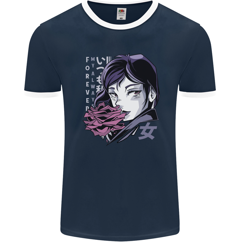 Anime Girl With Flowers Mens Ringer T-Shirt FotL Navy Blue/White