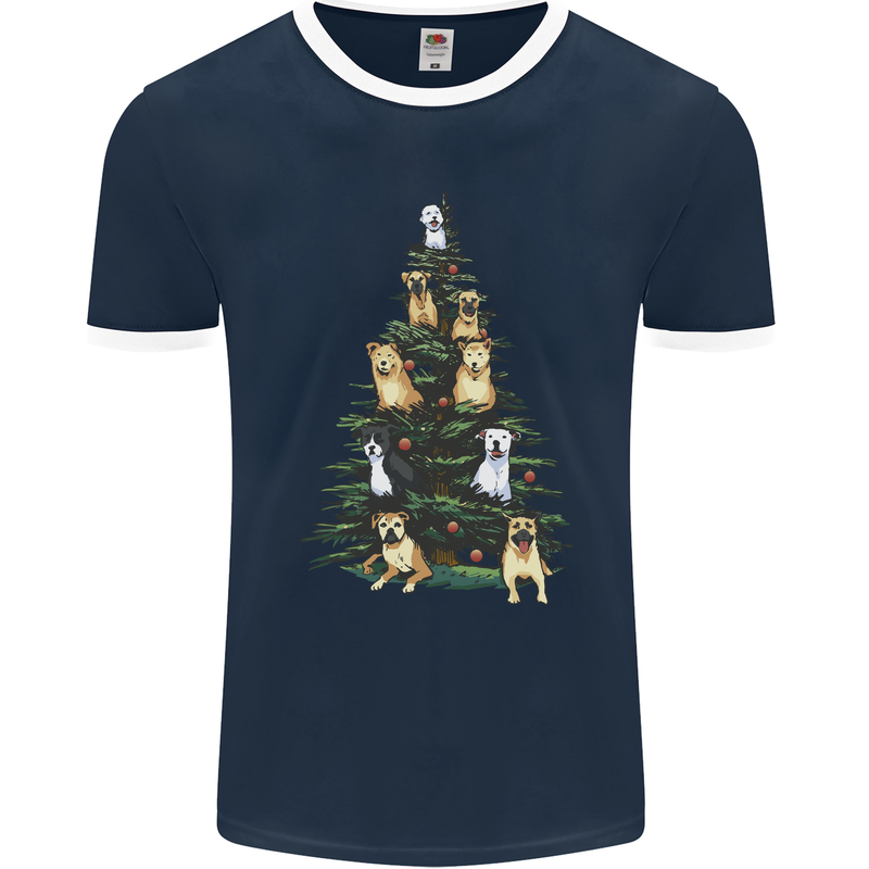 Funny Dog Christmas Tree Mens Ringer T-Shirt FotL Navy Blue/White