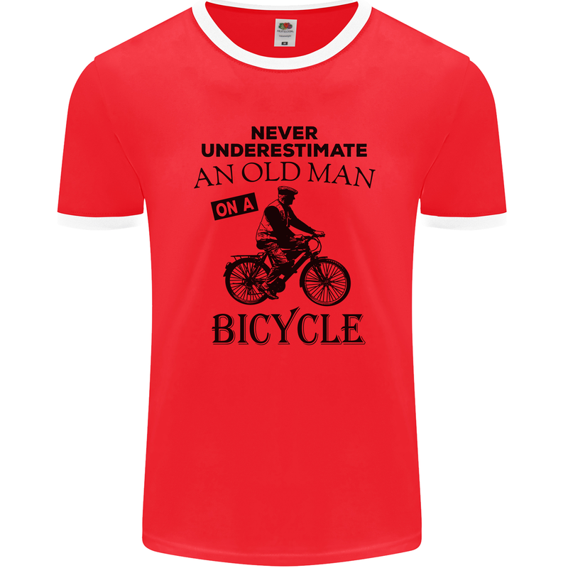 Cycling Never Underestimate Old Man Mens Ringer T-Shirt FotL Red/White