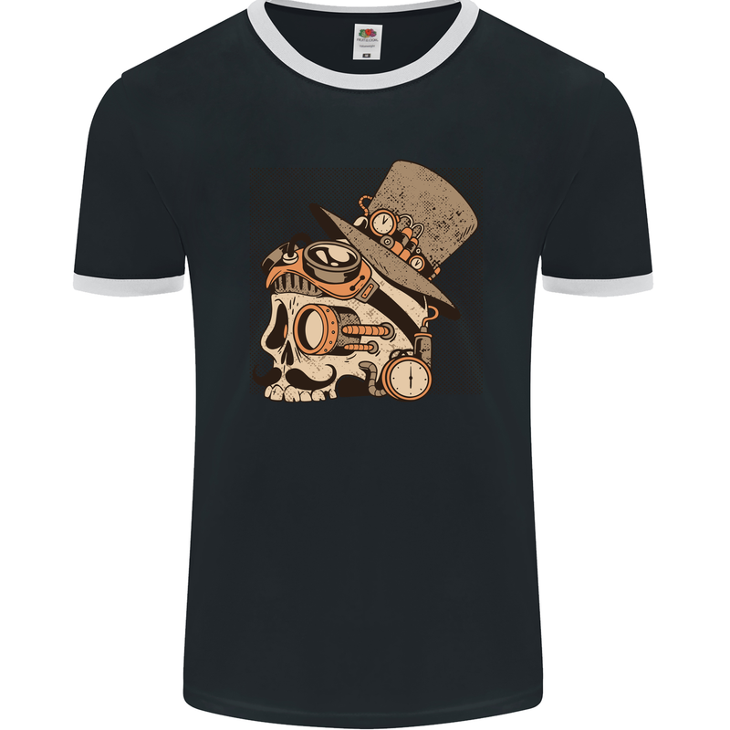 Steampunk Skull With Moustache Mens Ringer T-Shirt FotL Black/White